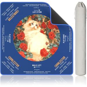 Mahjong Mat for Table, 31.5 x 31.5 Inch Non-Slip Mahjong Mat, Vintage Cat and Rose Design Mahjong Table Mat, Foldable Soft Surface for American Mahjong & Tile Games (Blue)