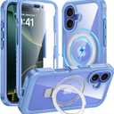 GUSTAVE Magnetic Stand for iPhone 16 Case [Fit for Magsafe] [Built-in 9H Tempered Glass Screen Protector] Full-Body Shockproof Military-Grade Protective Case Sky Blue