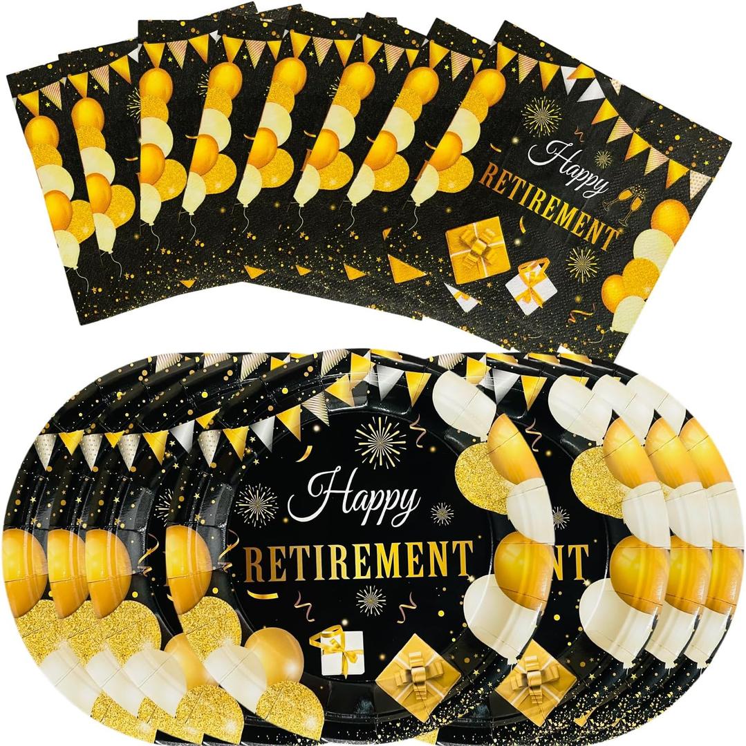 40 PCS of Retirement Party Plates and Napkins, 20 Sets of Disposable Tableware Sets for Men's and Women's Gold and Black Party Decorations for Happy Retirement Parties