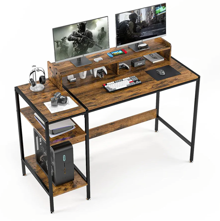 MINOSYS Gaming/Computer Desk - 47” Home Office Small Desk with Monitor Stand, Rustic Writing Desk for 2 Monitors, Adjustable Storage Space, Modern Design Corner Table.