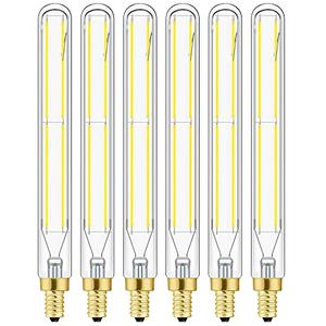 E12 Led Long Bulb, 6W T6 Edison Light Bulbs Cool White 5000K,7.3 inch,750lm, 75W Candelabra Incandescent Bulbs Equivalent Vintage LED Filament Edison Candle Bulb with Decorative, 6Pack