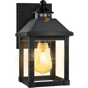 Solar Porch Lights Outdoor, Solar Sconce Lights Outdoor with Motion Sensor, Waterproof Wall Light with Clear Panel for Garage, Porch, Yard, Front Door,5.8 * 5.8 * 11.8in (Black-1Pack)