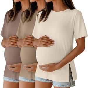 Ficerd 3 Pack Women's Maternity T Shirts, Short Sleeve Side Split Pregnancy Tops Casual Crew Neck Pregnant Tees Mama Clothes (Coffee, Khaki, Cream, S)