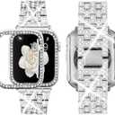 Supoix Compatible with Apple Watch Band 38/40/41/42/44/45/46/49mm+ Case, Women Jewelry Bling Diamond Rhinestone Replacement Metal Bands & 2 Pack PC Protector Case for iWatch Ultra 3/2/1 Series 11/10/9/8/7/6/5/4/3/2/1/SE