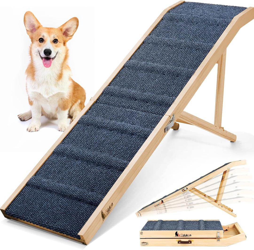 Dog Ramp for Bed, 63" Long Foldable Pet Ramp for Small Large Dogs, Dog Ramps for High Beds Car, High Traction with Platform 6 Adjustable Heights 24" to 30" Up to 220LBS, Wood (63"X 17inch)