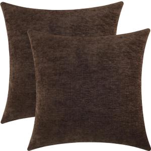 Brown Chenille Decorative Couch Throw Pillow Covers, Soft Cushion Cases for Home Livingroom Sofa Décor, Pack of 2, 17 x 17 Inches