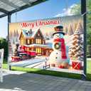 Merry Christmas Banner Snowman Train Holiday Decor Winter Wonderland Scene Christmas Tree for Home Decoration 71x43 Inches Festive Seasonal Wall Hanging for Living Room Bedroom