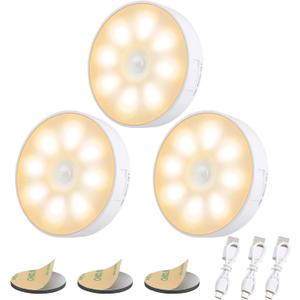 3 Pack Motion Sensor Light, 8 LEDs Rechargeable Night Light, with USB Cable & Magnetic Patch, 3 Modes, Cordless Safe Wall Light for Kitchen, Bookshelves, Drawers - 3000K Warm White