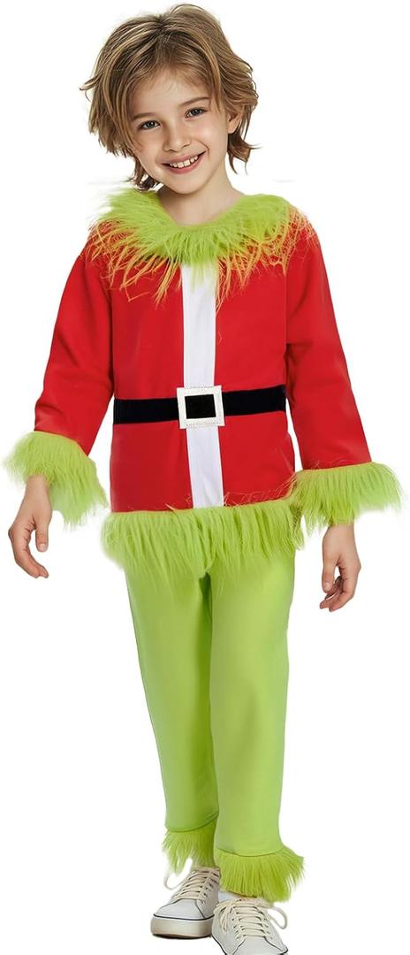 Kids Boys Girls Christmas Santa Cosplay Costume Green Monster Hooded Santa Claus Furry Suit Xmas Funny Clothes Set (4-5 Years)