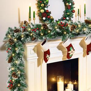 9FT Prelit Christmas Garland with Lights, Battery Operated Lighted with Pine Cones & Red Berries, Snowy Winter Decor for Mantle, Fireplace Perfect for Indoor & Outdoor