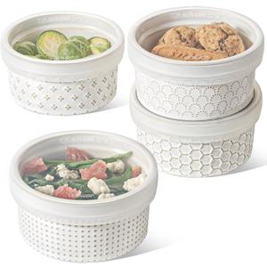 LE TAUCI Ramekins Oven Safe with Lids, 12 oz Ramikin Set for Creme Brulee, Souffle, Dipping Sauce, Onion Soup, Ceramic Food Storage Container - 5 inch, Set of 4, Arctic White