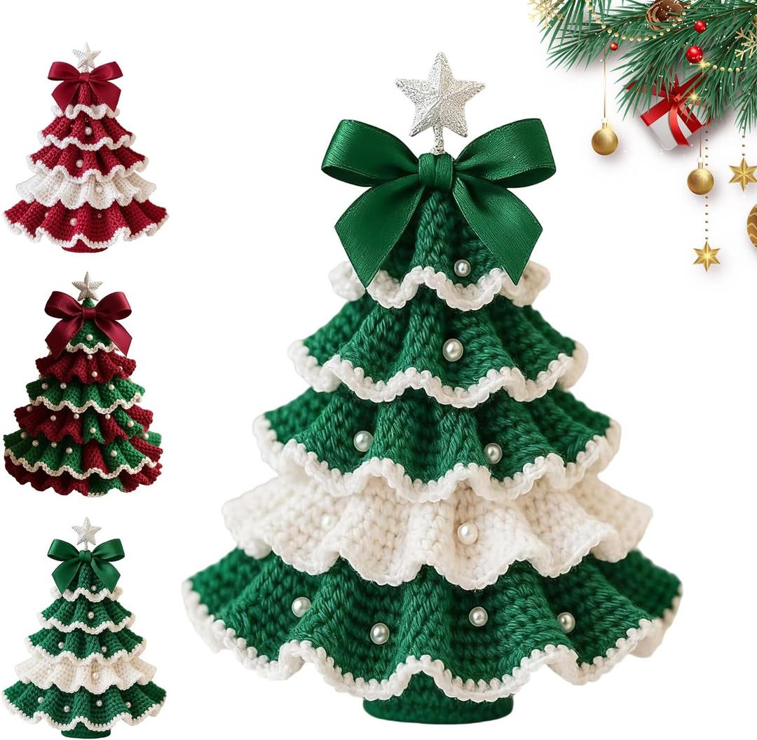 DIY Crochet Christmas Tree Kit, Christmas Tree Crochet Craft Kit Ornaments, Handmade Holiday Craft Set, Beginner-Friendly Crochet Kit with Yarn, Crochet Hook, and Instructions (Green and White)