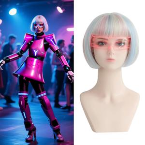 Colorful Bob Blonde Wig With Bangs  Short Wigs with Adjustable Straps, Straight Synthetic Fiber Bob Wig for Women Megan Mg3an 2.0 AI Doll Look Cosplay Halloween Costume Party