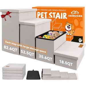 Zerbuger Dog Stairs with Storage 23" H, 4-Step Wider Dog Steps for High Beds Window, Folding Sturdy Pet Stairs Gift for Small/Medium/Large Old Dogs Cat, Ramp for Climbing Car Up to 200 lbs, Beige