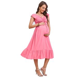 KOJOOIN Womens Maternity Short Sleeve Sweetheart Neck Summer Casual Smocked Boho Drawstring Maxi Dress Photoshoot Baby Shower Pink L (Pink, L)