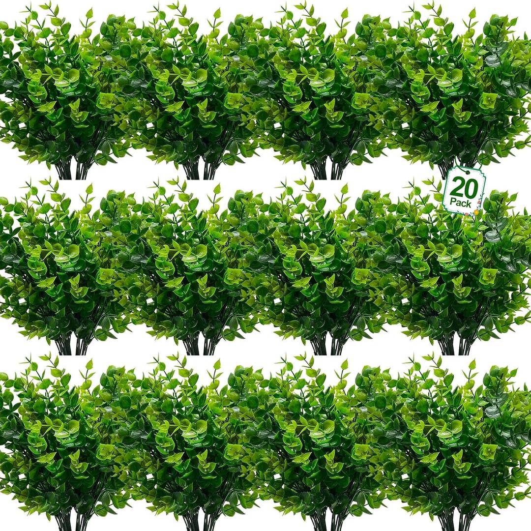 TURNMEON 20 Bundles Artificial Greenery Plants Outdoor Summer Decor, UV Resistant Fake Plants Boxwood Shrubs Grass,Faux Eucalyptus Flowers for Farmhouse Gardens Home Patio Indoor Cemetery Decor(Green)