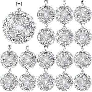 32 Pieces Rhinestone Bezel Pendant Trays Blanks Cabochon Pendant Setting DIY Trays for Crafts Jewelry Making Projects (Silver)