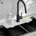 Silicone Faucet Mat for Kitchen Sink Gen 3 10 Slope Splash Guard with Cuttable Hole 14 x 5.5 Drip Catcher & Sponge Holder for Kitchen, Bathroom (White)