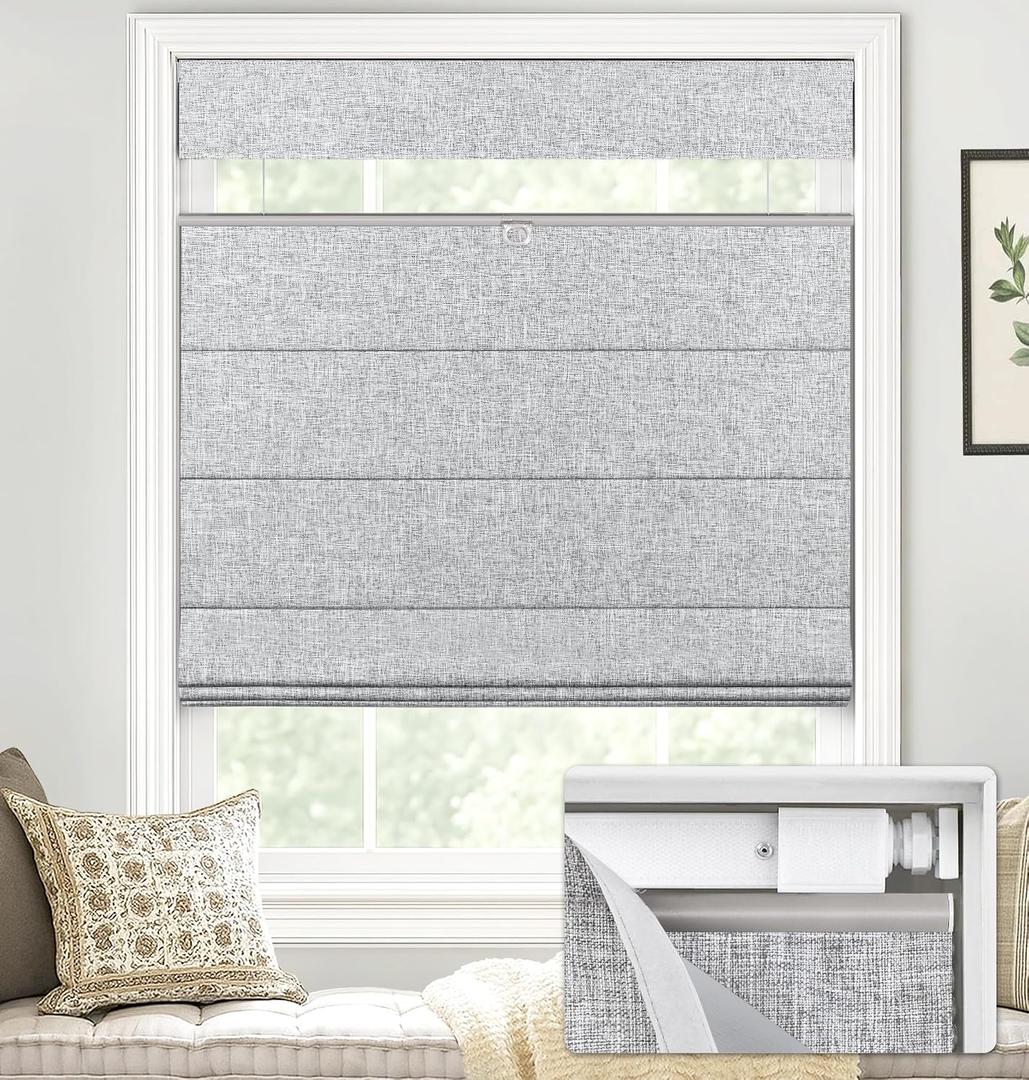 LazBlinds No Tools No Drill TDBU Cordless Roman Shades for Window, Thermal Insulated UV Blocking, 100% Blackout Fabric Blinds for Bedroom & Living Room, 20" W x 64" H, Blackout - Grey