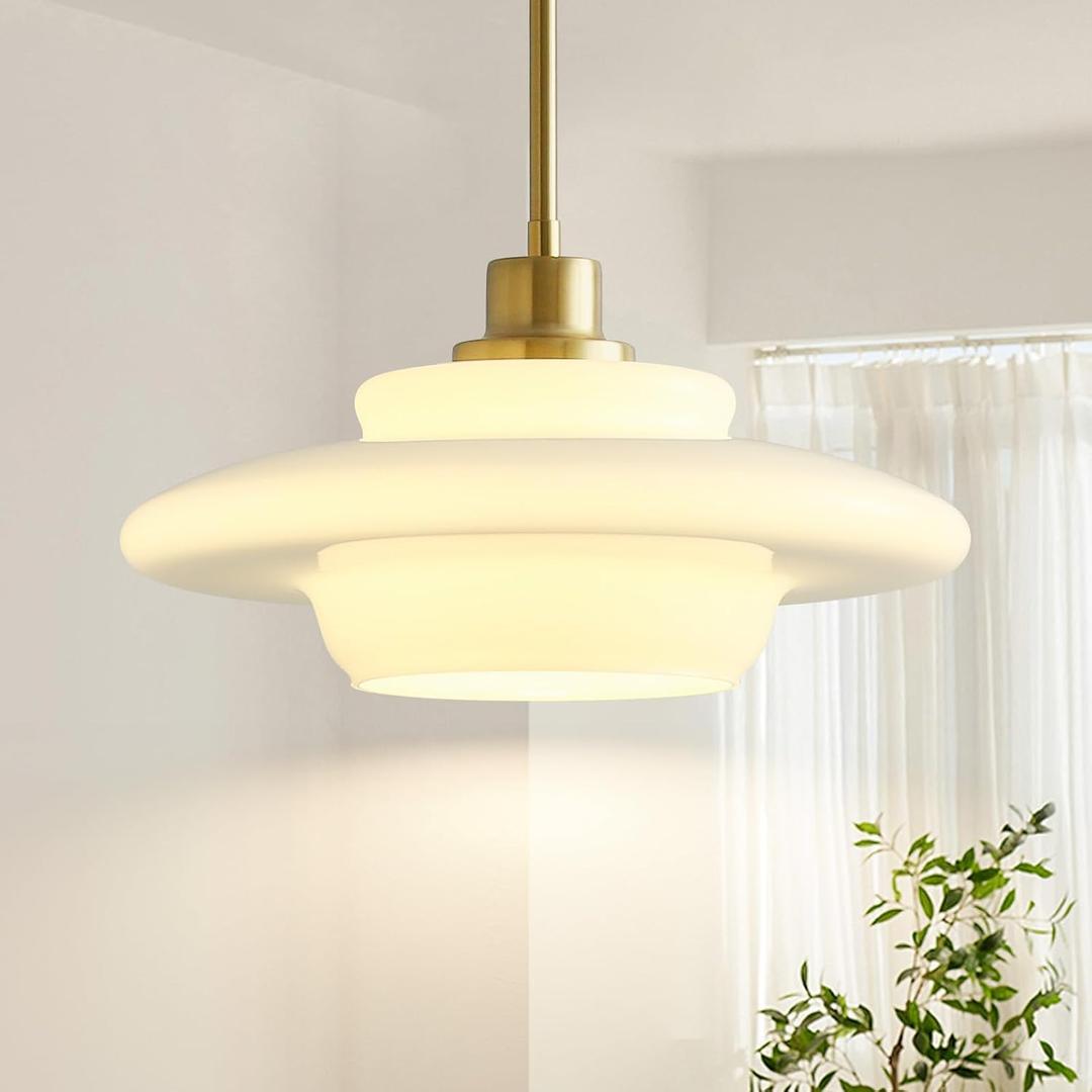 Mid Century Modern Pendant Light Fixtures,Gold Milk Glass Pendant Lights Kitchen Island with White Glass Shade Pendant Lighting for Dining Room Bedroom, 12.6 inches x 12.6 inches x 67 inches