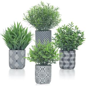 4 Pack Small Fake Plants, Fake Grass Plant, Artificial Boxwood & Rosemary, Lavender with Geometric Pattern Cement Pots, Small Potted Faux Greenery for Home Decor, Office, Indoor&Outdoor Decor