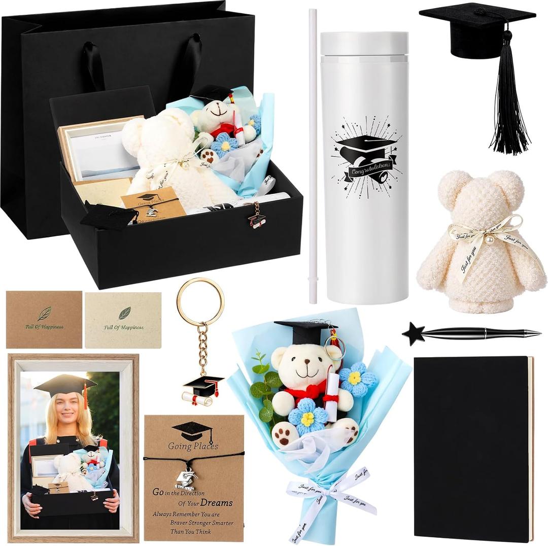 11 Pcs Blue Graduation Gift Set for Her 2026, Congrats Graduation Gifts Box for College High School 16 oz Tumbler Bear Bouquet Notebook Photo Frame Keychain Bracelet and More for Women