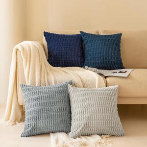 Softalker Throw Pillow Covers 18x18 Inch, Set of 4, Corduroy Soft Striped Farmhouse Boho Pillow Cover, Modern Decorative Cushion Pillow Case for Couch Sofa Bedroom Living Room, Grey/Blue