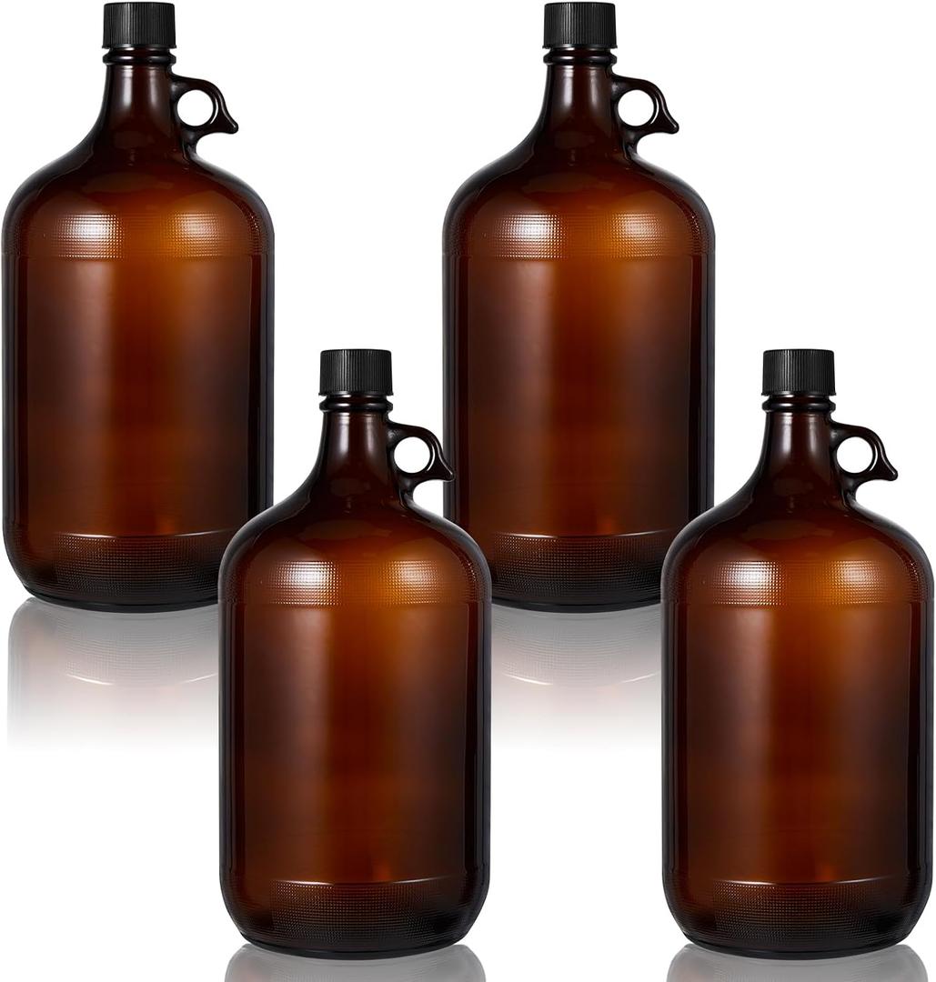 Maxdot 4 Pack 1 Gallon Glass Fermentation Jug with Airtight Lid, 128 oz Amber Glass Carboy with Handle for Kombucha, Beer Brewing, Wine Making, UV Protection