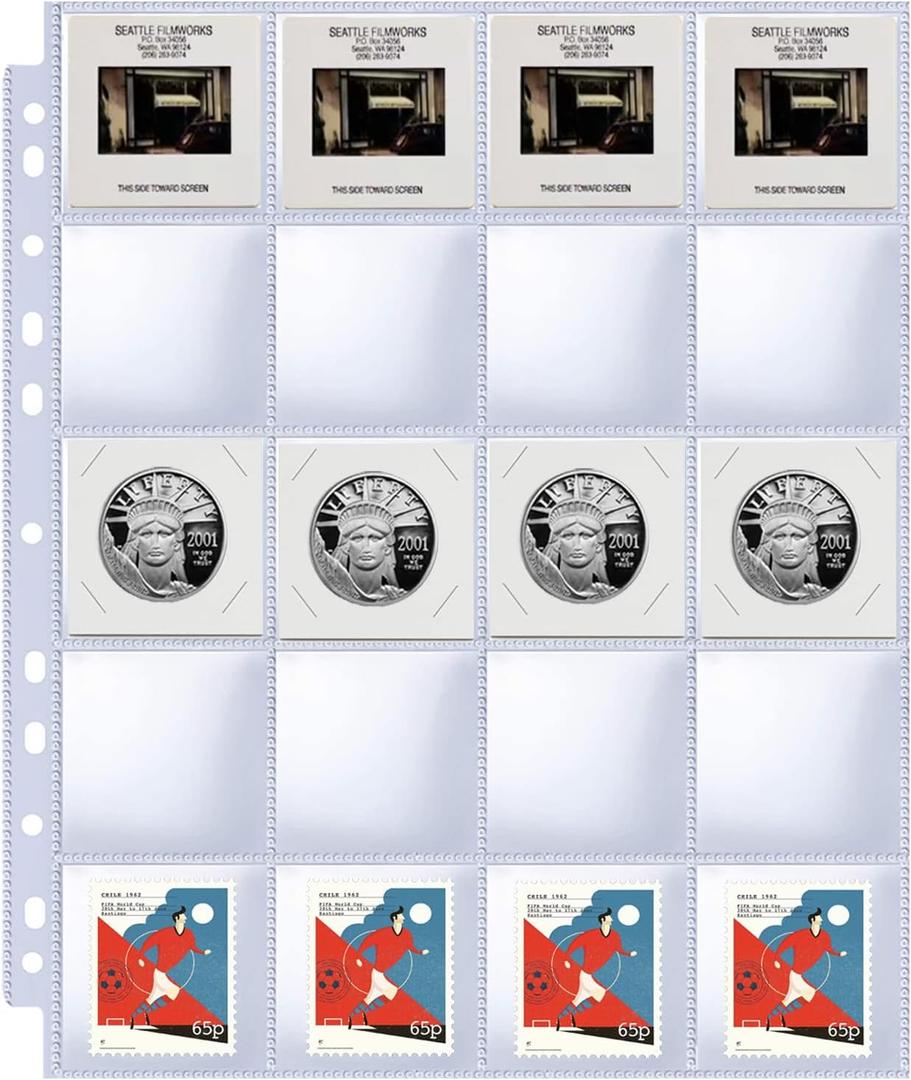 30 Pack 600 Pockets 2x2” Coin Flip Sleeves, Heavy Duty Stamp Collection Pages for 3 Ring Binder, 20 Pocket Photo Slide Flips Organizer Sheet, Top Loading Clear Cardboard Coin Holder Sleeves