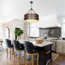 Chandelier Lighting Fixture, 4-Light, Black Walnut Wood Metal Drum Shade, Rustic Industrial Iron Pendant for Kitchen Island Living Dining Room Over Table, 23" W x 21.5" H