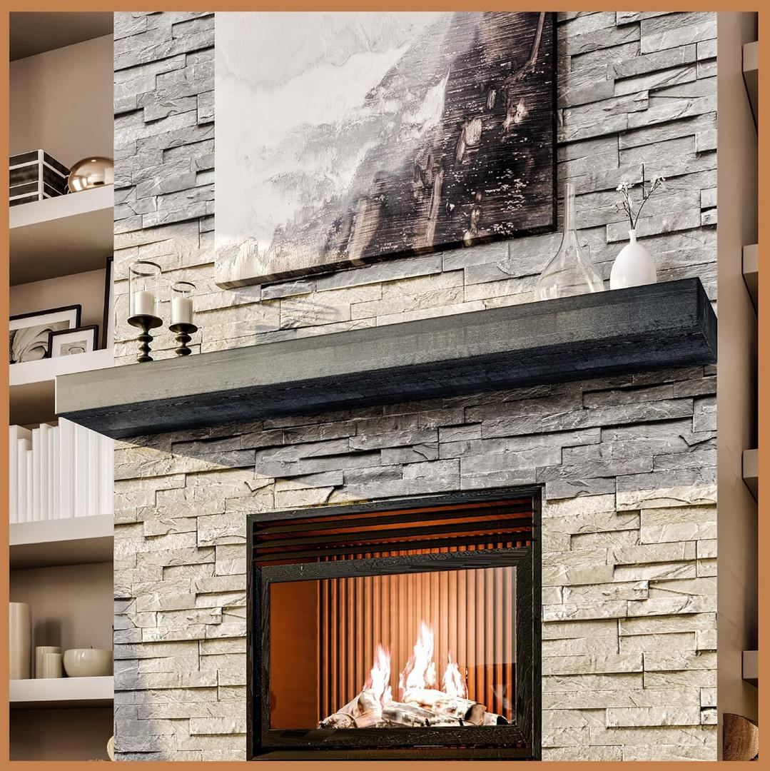 Avana Floating Fireplace Mantel - Handcrafted Wood, 72 Inches x 8 x 3, Gray Finish - Shelves for Over Fireplace (Grey)