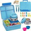 Bento Lunch Box with 9.5 oz Soup Thermo, Kids Leakproof 4 Compartments Bento Box with Silicone Cupcake,Fruit Fork,Spoon and Sauce Cup,Insulated Food Jar for School Travel-Blue