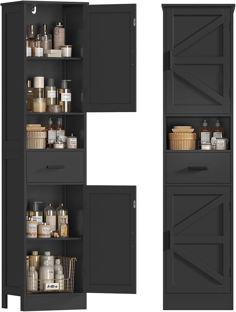 TEENFON Tall Bathroom Storage Cabinet with Barn Doors, Narrow Bathroom Cabinet with Drawer, Narrow Storage Unit, Adjustable Shelves, Floor Cabinets for Living Room, Entryway, Kitchen, Black, 11.8"D x 15.8"W x 67"H