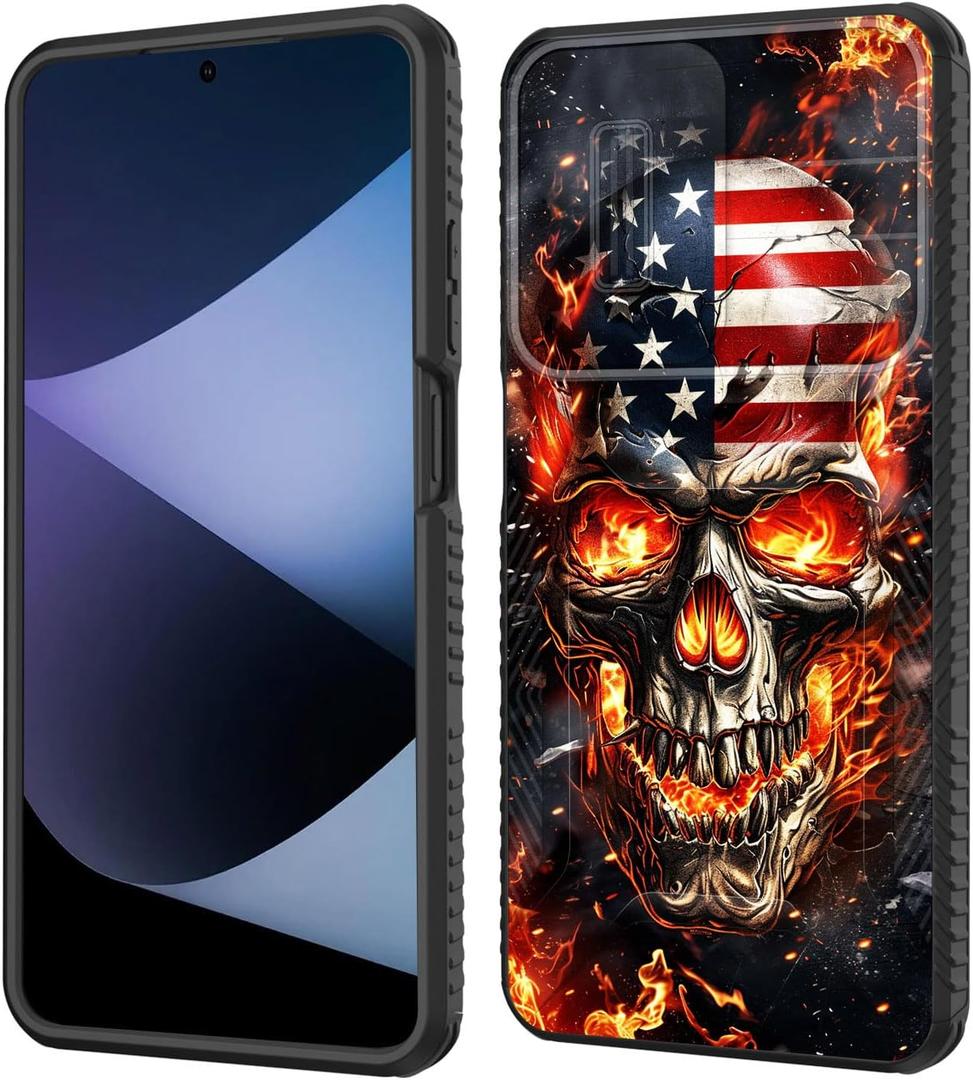 for Moto G 5G 2024 Case Built in Slide Camera Lens Cover,Heavy Duty Shockproof Protection Dual Layer Case for Motorola Moto G 5G 2024 / Moto G Play 5G 2024,American Flag Flame Skull