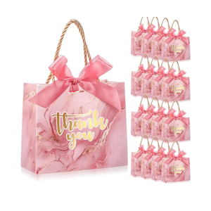 AmazingSpark 40 Pack Small Thank You Gift Bags with Handles 5.5 x 2.4 x 4.7 Inches Mini Gift Bags Bulk with Bow Ribbon Paper Marble for Party Favor Wedding Bridal Shower(Pink)