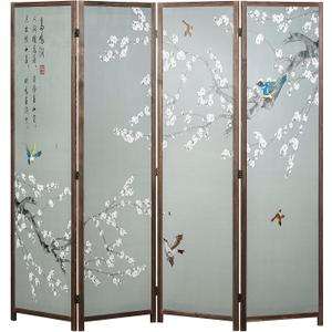 MyGift 4-Panel Asian-Inspired Folding Room Divider with Cherry Blossom Tree & Bird Design Poetry Calligraphy and Brown Wooden Frame 78''W x 70.5''H(6FT)