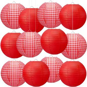 Honoson 12 Pcs Red Gingham Paper Lanterns Picnic Party Decoration 10 Inch Checkered Plaid Round Hanging Chinese Lanterns for Pizza Birthday Picnic BBQ Wedding Baby Showers Decoration
