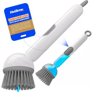 Holikme Dish Brush with Soap Dispenser - Dish Brush with Long Handle Deep Cleaning, Dish Scrubber Switchable Modes for Dishes, Pans, Sink, Pots (White)