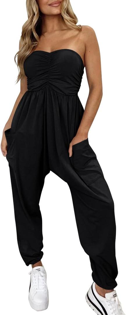 MIHOLL Womens Jumpsuit Casual Summer Strapless One Piece Rompers Loose Overalls Jumpers with Pockets (Black, S)