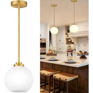 2 Pack 7.2-Inch Globe Pendant Lights, Mid Century Gold Pendant Light Fixtures, Globe Pendant Lights Kitchen Island with Milk Glass Shade Adjustable Hanging Fixture for Dining Room (Bulbs not Included)