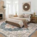 Area Rug 7x9 Washable Vintage - Soft Traditional Rugs for Living Room Large Non Slip Backing with Low Pile Farmhouse Oriental Retro Carpet for Bedroom Dining Room or Home Office - Blue