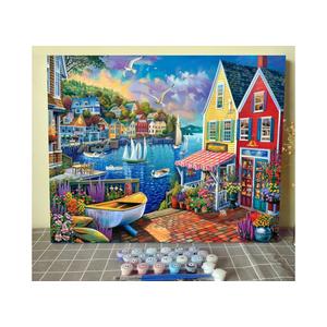 Colorful Coastal Town Digital Paint by Numbers Kits with Brushes and Acrylic Pigment on Canvas Painting for Adults,Summer Seascape DIY Picture Home Decor Yacht/Ship Gifts 16''x20''(DIY Framed
