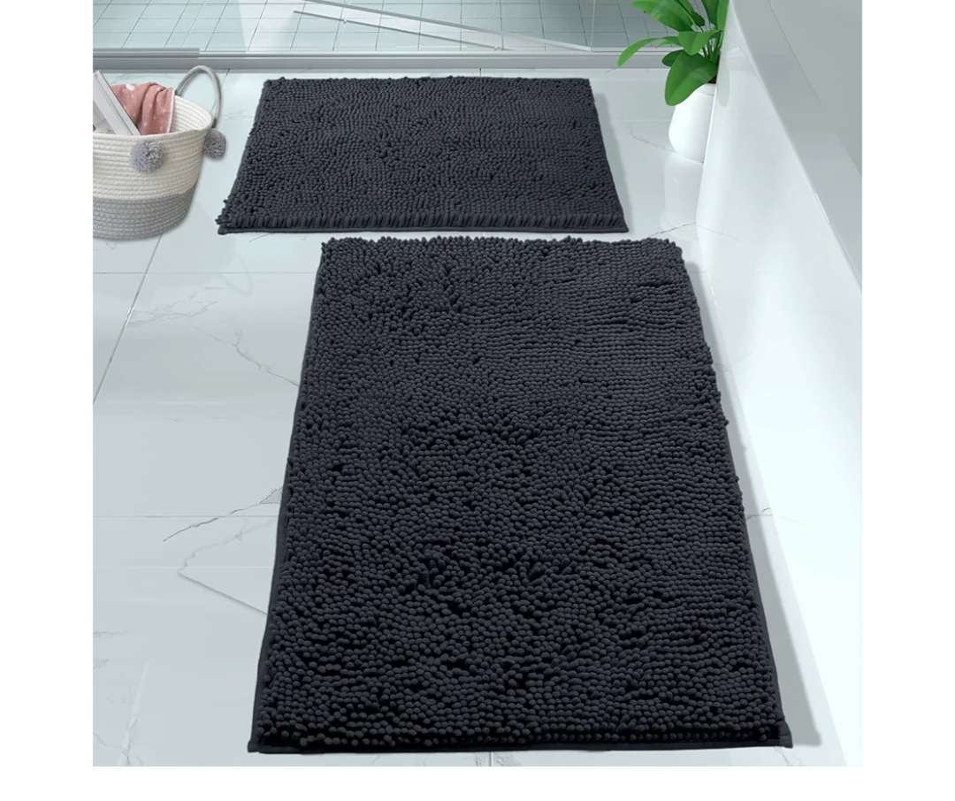 LuxUrux 2 Piece Bathroom Rug Set - Premium Plush Bath Mat Shower Rugs, 1" Chenille Microfiber, Non-Slip & Absorbent, Soft & Cozy, Durable Stylish (16x24 inches, Charcoal)