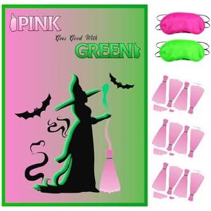 Witch Pin the Broom Party Game – 20×28 Inch Pink and Green Poster with 24 Broomstick Stickers – Witch Birthday Decorations, Pink and Green Party Supplies, Pack 2