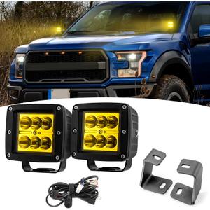 Wsays 2PCS LED Amber Light Pods & Ditch Hood Hinge LED Pod Mount Bracket w/Wiring Kit Compatible with Ford Raptor 2017-2023 Fit F-150