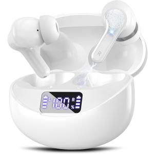 Wireless Earbuds Bluetooth 5.4 Headphones, Noise Cancelling Mic Ear Buds with 50H Playback, LED Digital Display, lPX7 Waterproof Earphones for Office/Running/Workout(White)