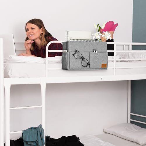 Large Bedside Caddy With Big Pockets And Bottle Holder to Easily Organize All Your Accessories - The Perfect College Dorm Room Storage Essential for Students - Fits All Hospital Beds & Wheelchairs (Grey)