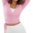 Women Ballet Pilates Wrap Tops Long Sleeve Tie Front Crop Shirts Y2K Dance Workout Yoga Going Out Tops (Pink, M)