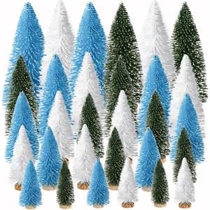 Yahpetes Artificial Mini Christmas Trees, 30 Pcs Sisal Snow Pines in 5 Sizes, Crafting Displaying Decoration, Tabletop Xmas Tree for Home, Party (Blue/White/Green)