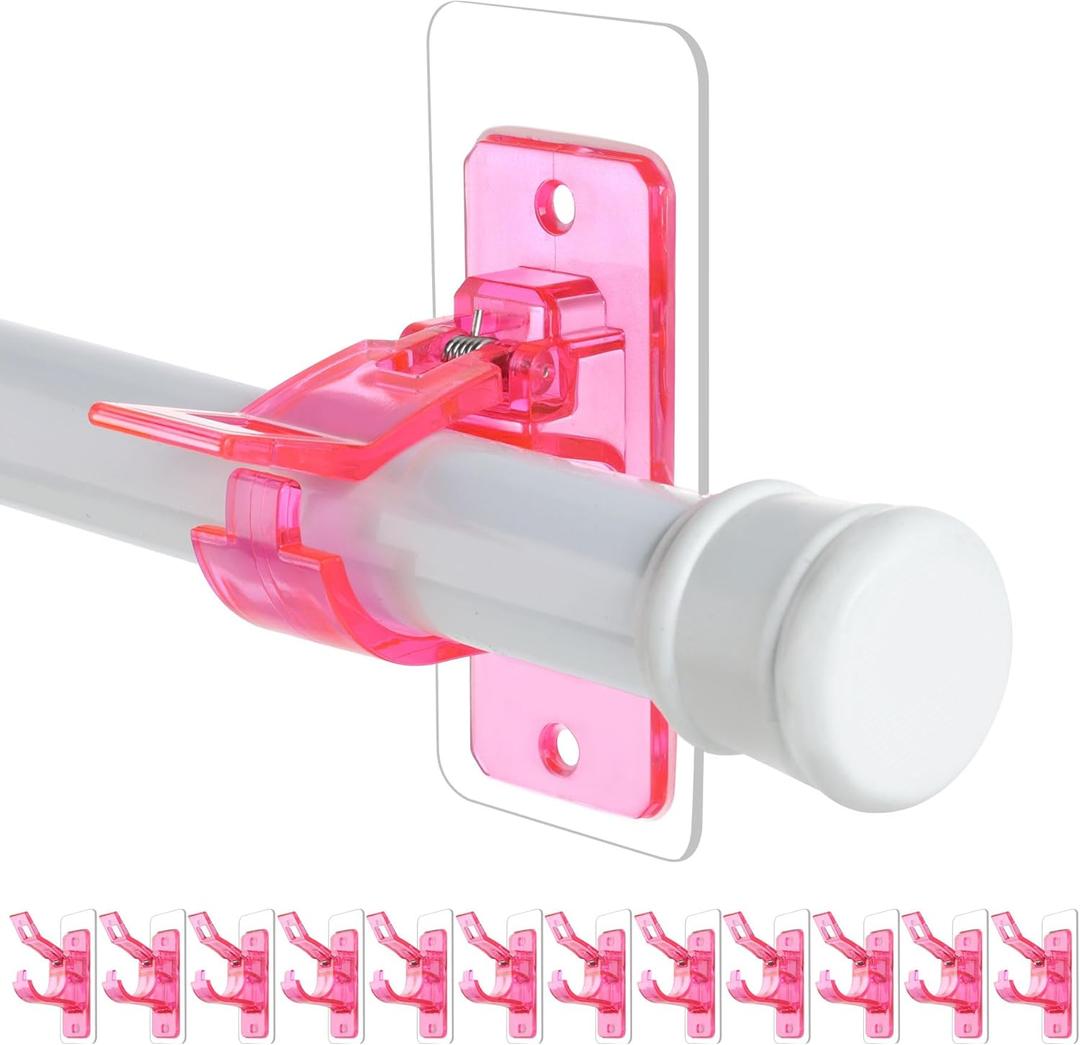 Antimbee Pack of 6 No Drill Needed Curtain Rod Holders Brackets, Self Adhesive Rods Holder Hooks, Multipurpose Nail Free Stick on Curtain Rod Hooks-Transparent Berry Pink